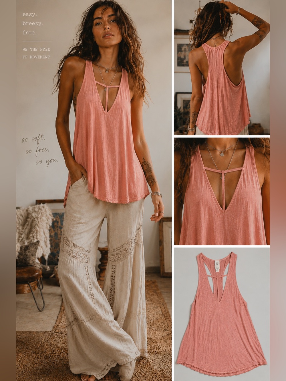 Free People We The Free Pink Racerback Tank Top – Size S – Boho Flowy Swing Tank